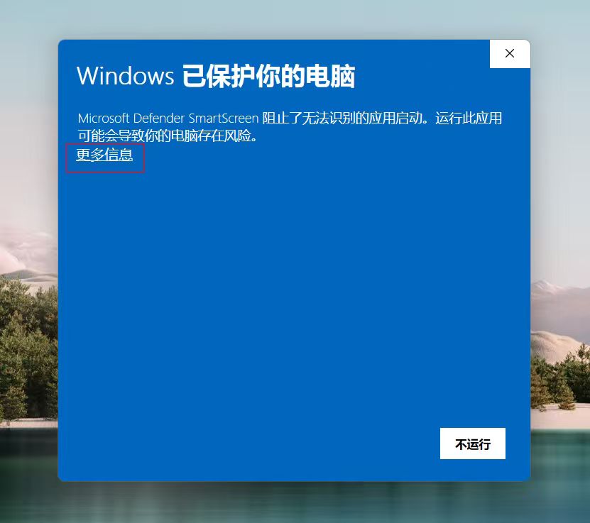 Windows SmartScreen 提示界面，点击更多信息